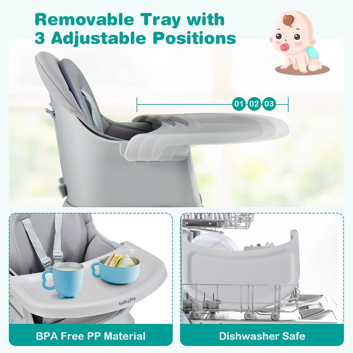 6-in-1 Convertible Baby High Chair with Adjustable Removable Tray-Gray-High Chairs-DECOROLALA