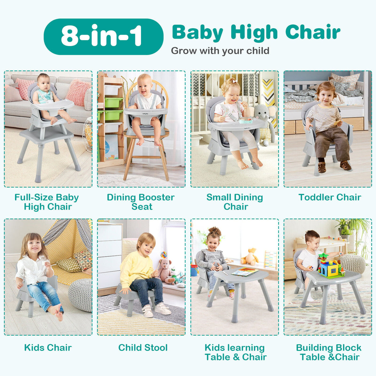 6-in-1 Convertible Baby High Chair with Adjustable Removable Tray-Gray-High Chairs-DECOROLALA