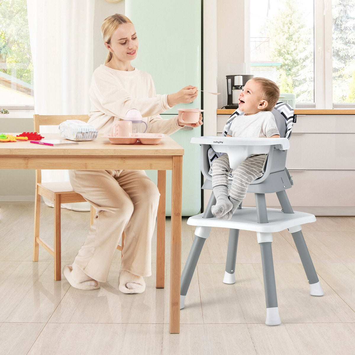 6-in-1 Convertible Baby High Chair with Adjustable Removable Tray-Gray & White-High Chairs-DECOROLALA