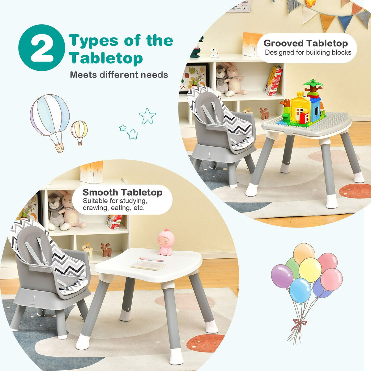 6-in-1 Convertible Baby High Chair with Adjustable Removable Tray-Gray & White-High Chairs-DECOROLALA
