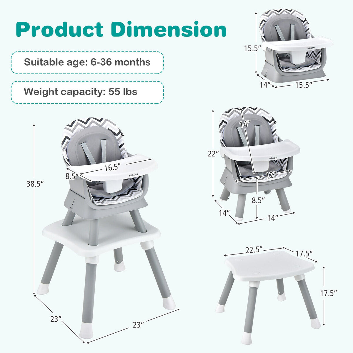 6-in-1 Convertible Baby High Chair with Adjustable Removable Tray-Gray & White-High Chairs-DECOROLALA
