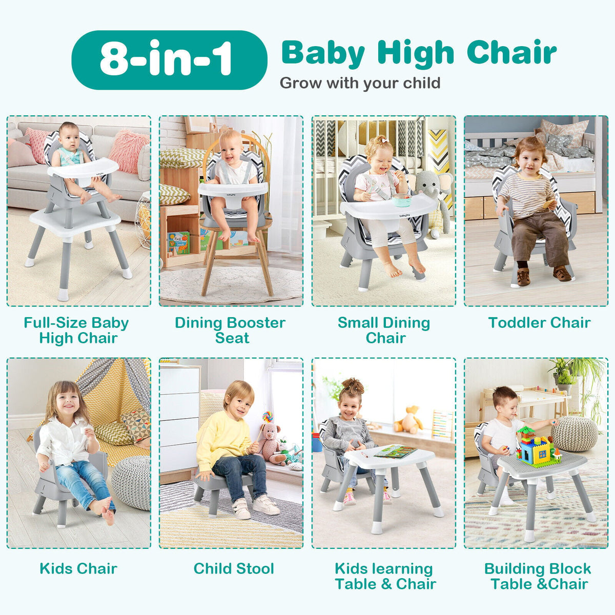 6-in-1 Convertible Baby High Chair with Adjustable Removable Tray-Gray & White-High Chairs-DECOROLALA