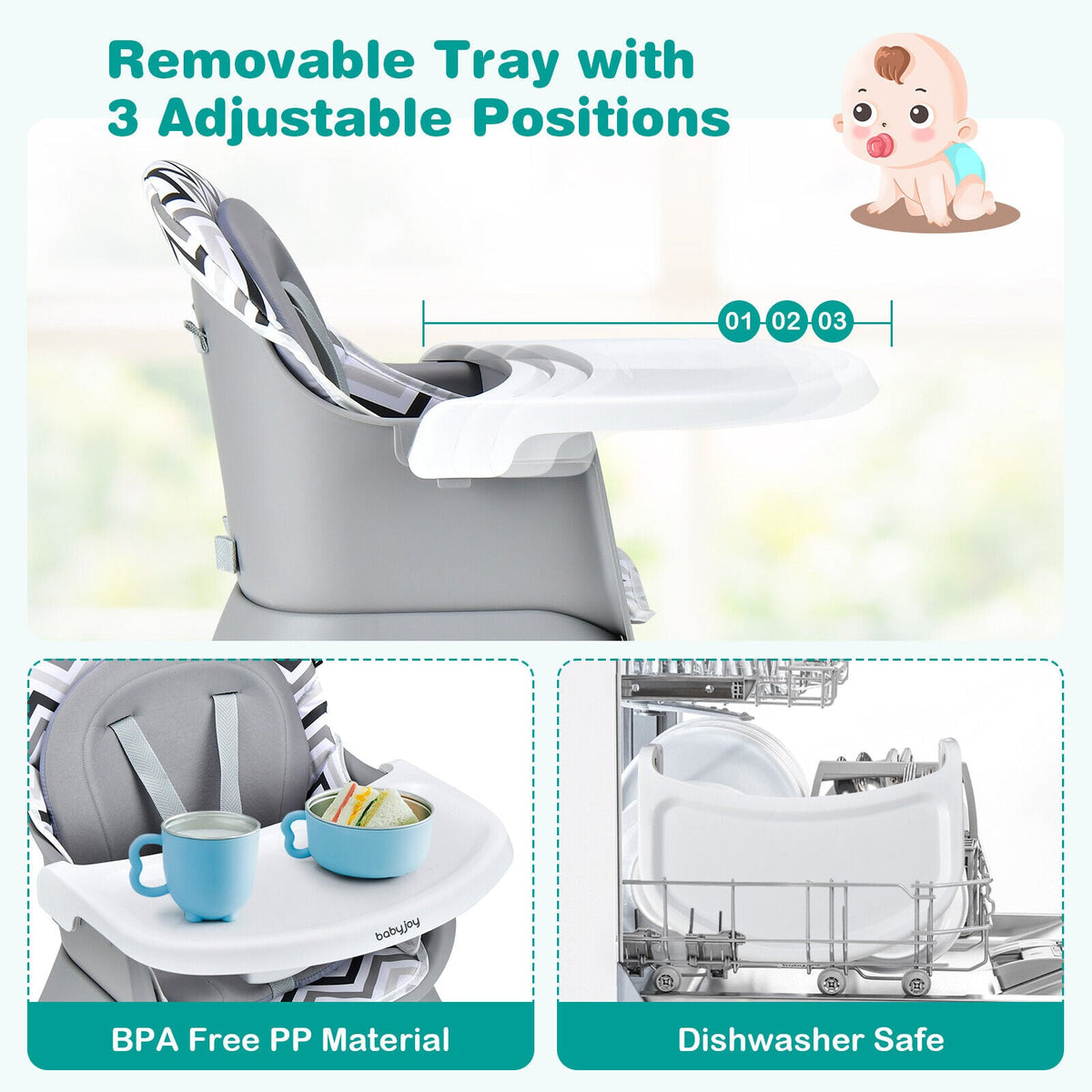 6-in-1 Convertible Baby High Chair with Adjustable Removable Tray-Gray & White-High Chairs-DECOROLALA