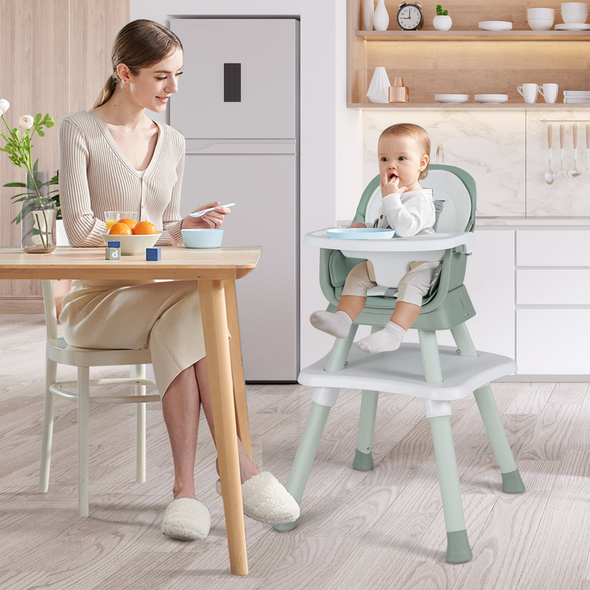 6-in-1 Convertible Baby High Chair with Adjustable Removable Tray-Green-High Chairs-DECOROLALA