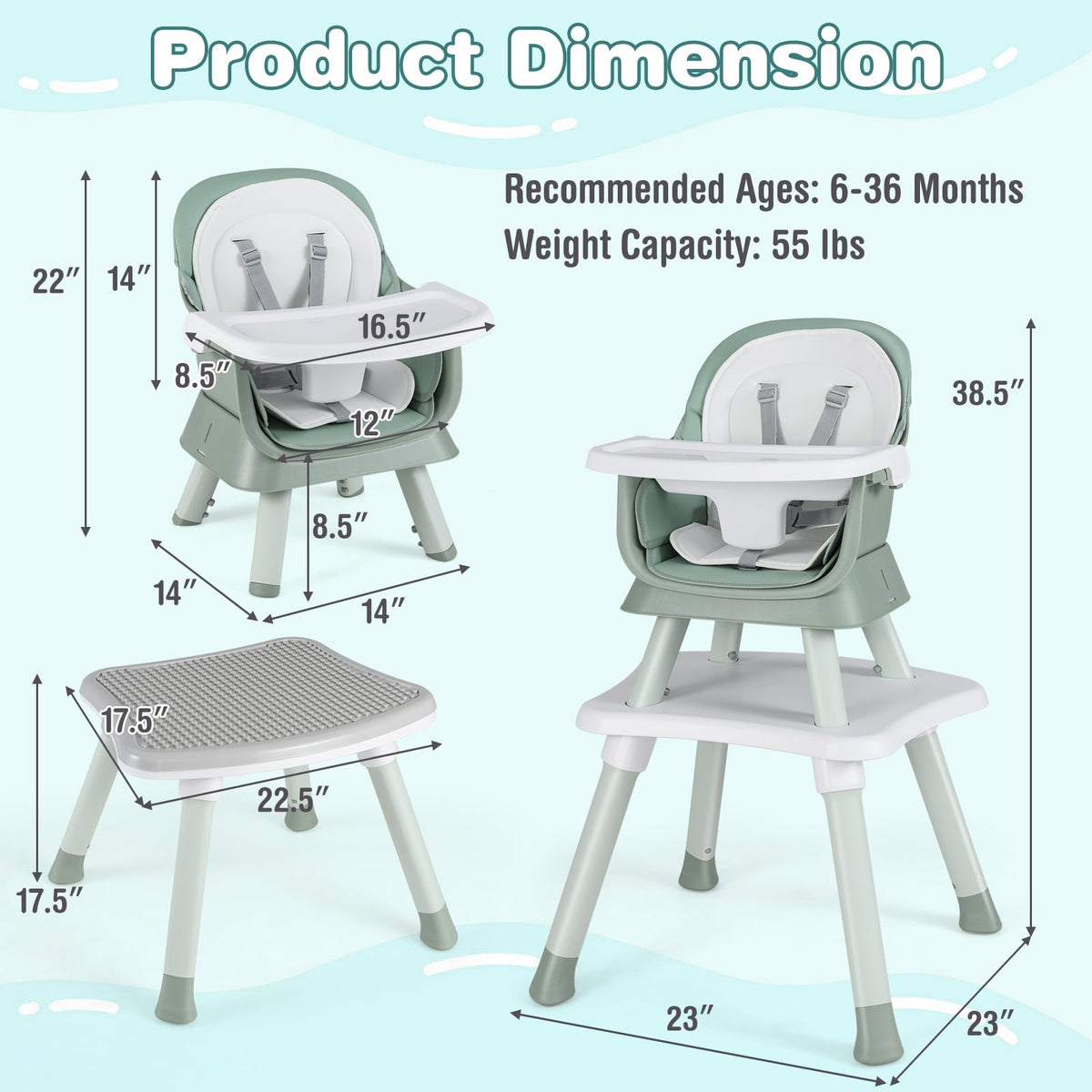 6-in-1 Convertible Baby High Chair with Adjustable Removable Tray-Green-High Chairs-DECOROLALA