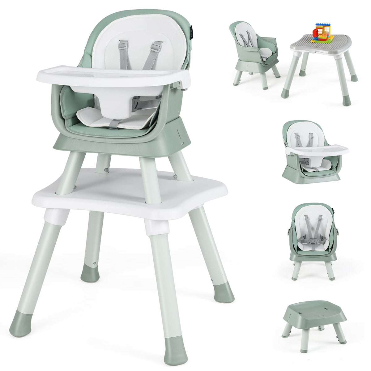 6-in-1 Convertible Baby High Chair with Adjustable Removable Tray-Green-High Chairs-DECOROLALA