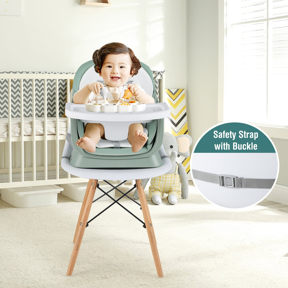 6-in-1 Convertible Baby High Chair with Adjustable Removable Tray-Green-High Chairs-DECOROLALA
