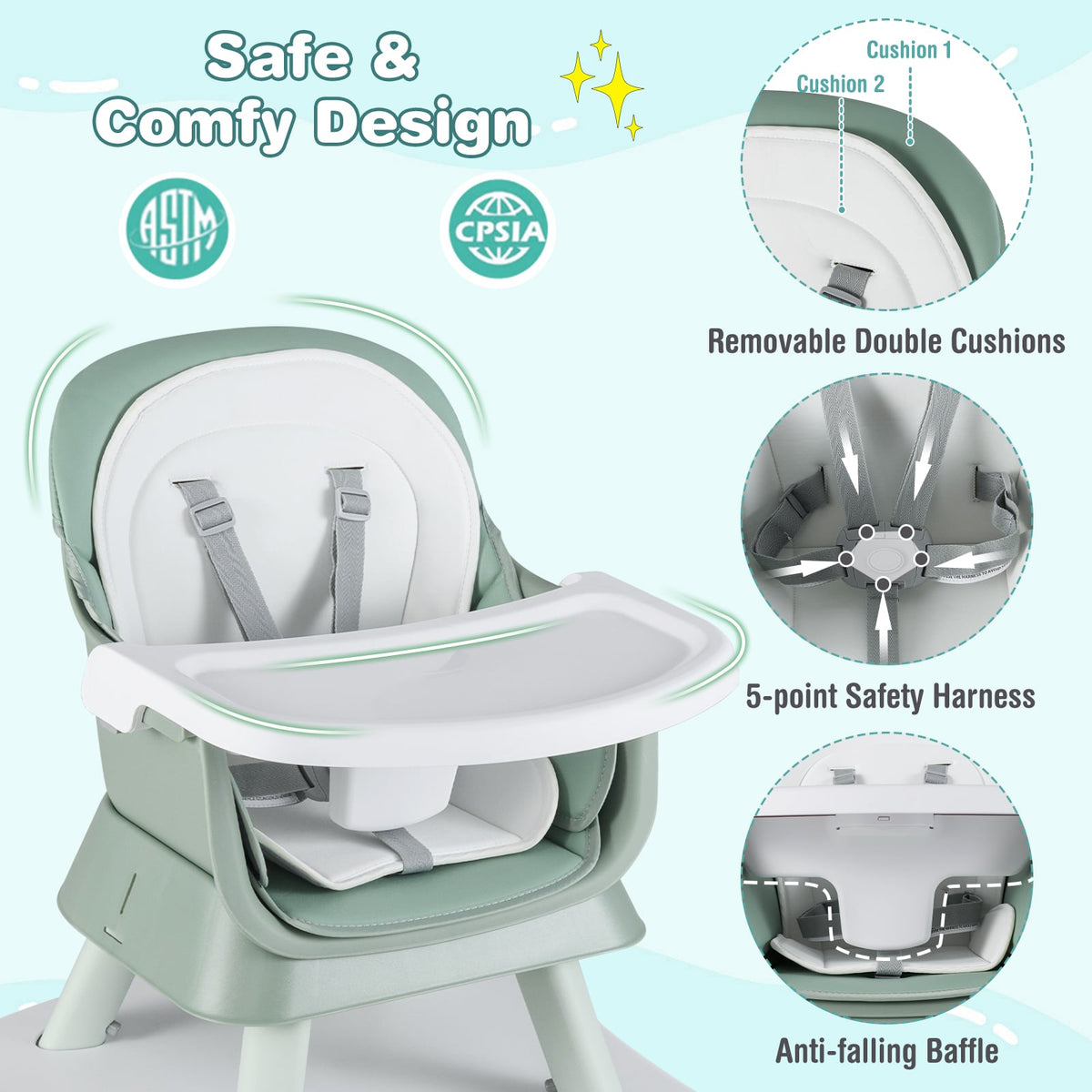 6-in-1 Convertible Baby High Chair with Adjustable Removable Tray-Green-High Chairs-DECOROLALA