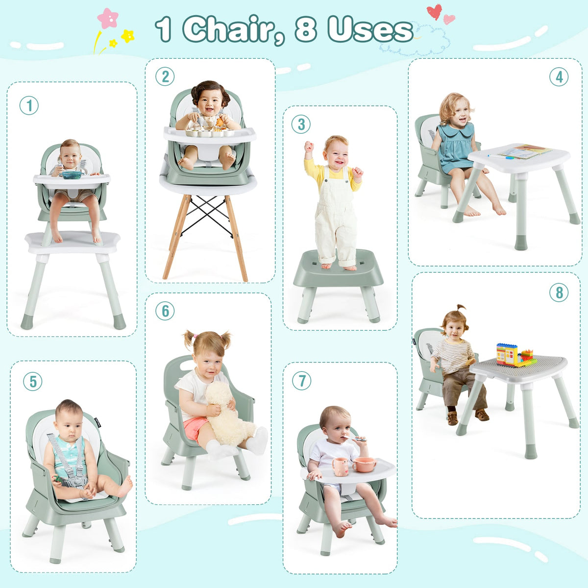 6-in-1 Convertible Baby High Chair with Adjustable Removable Tray-Green-High Chairs-DECOROLALA
