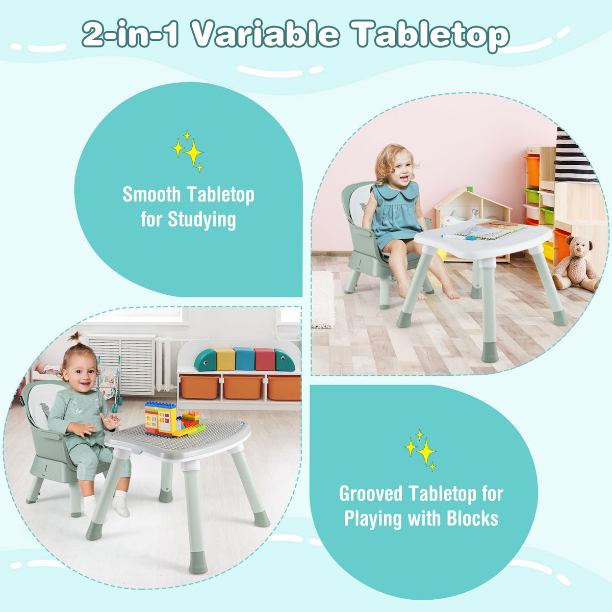 6-in-1 Convertible Baby High Chair with Adjustable Removable Tray-Green-High Chairs-DECOROLALA