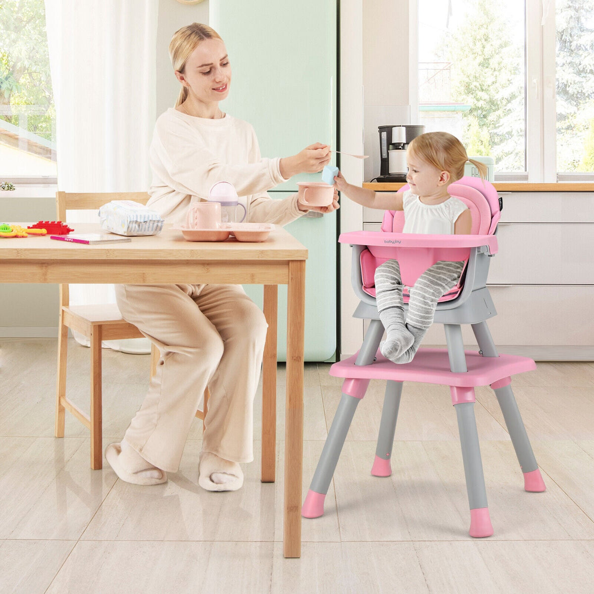 6-in-1 Convertible Baby High Chair with Adjustable Removable Tray-Pink-High Chairs-DECOROLALA