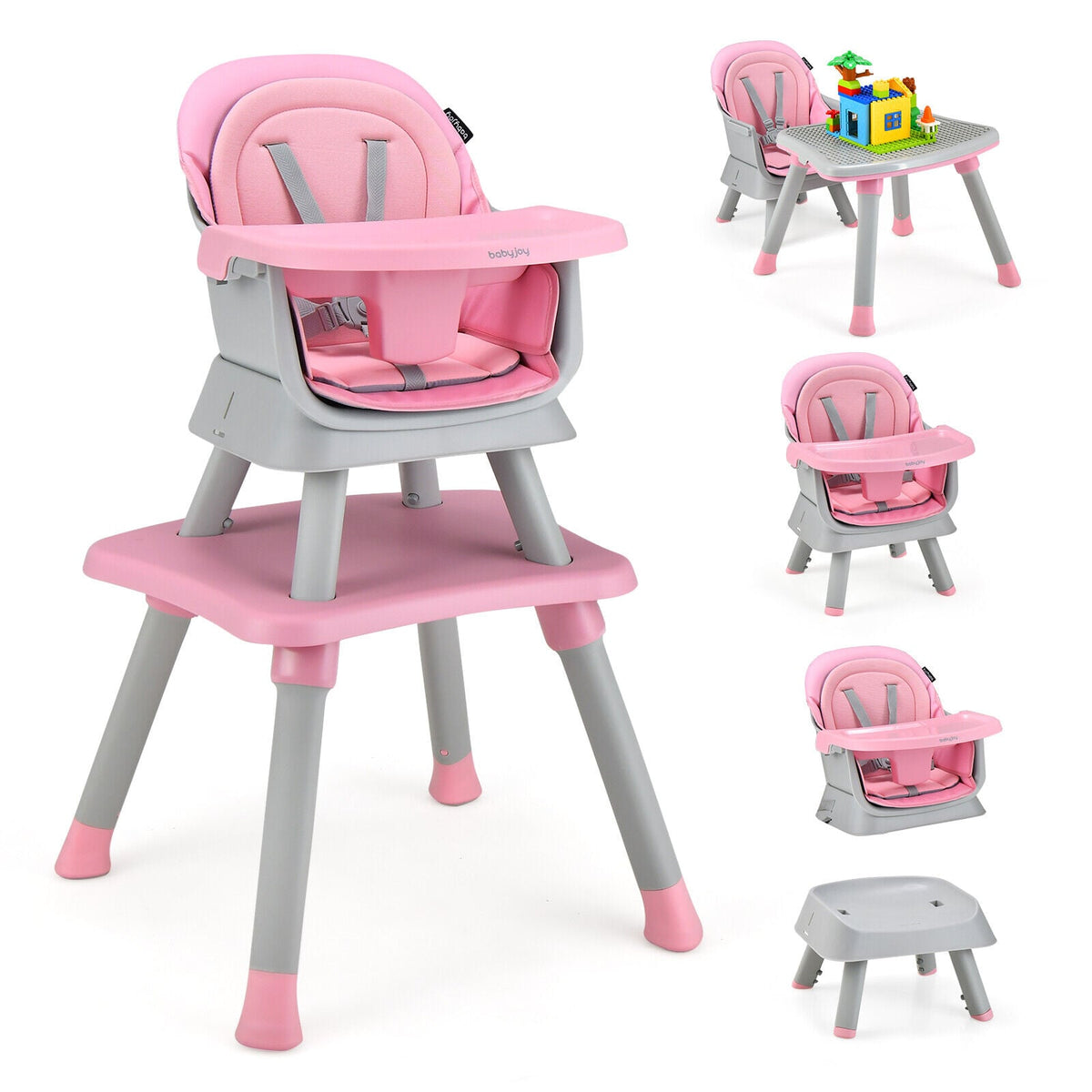 6-in-1 Convertible Baby High Chair with Adjustable Removable Tray-Pink-High Chairs-DECOROLALA