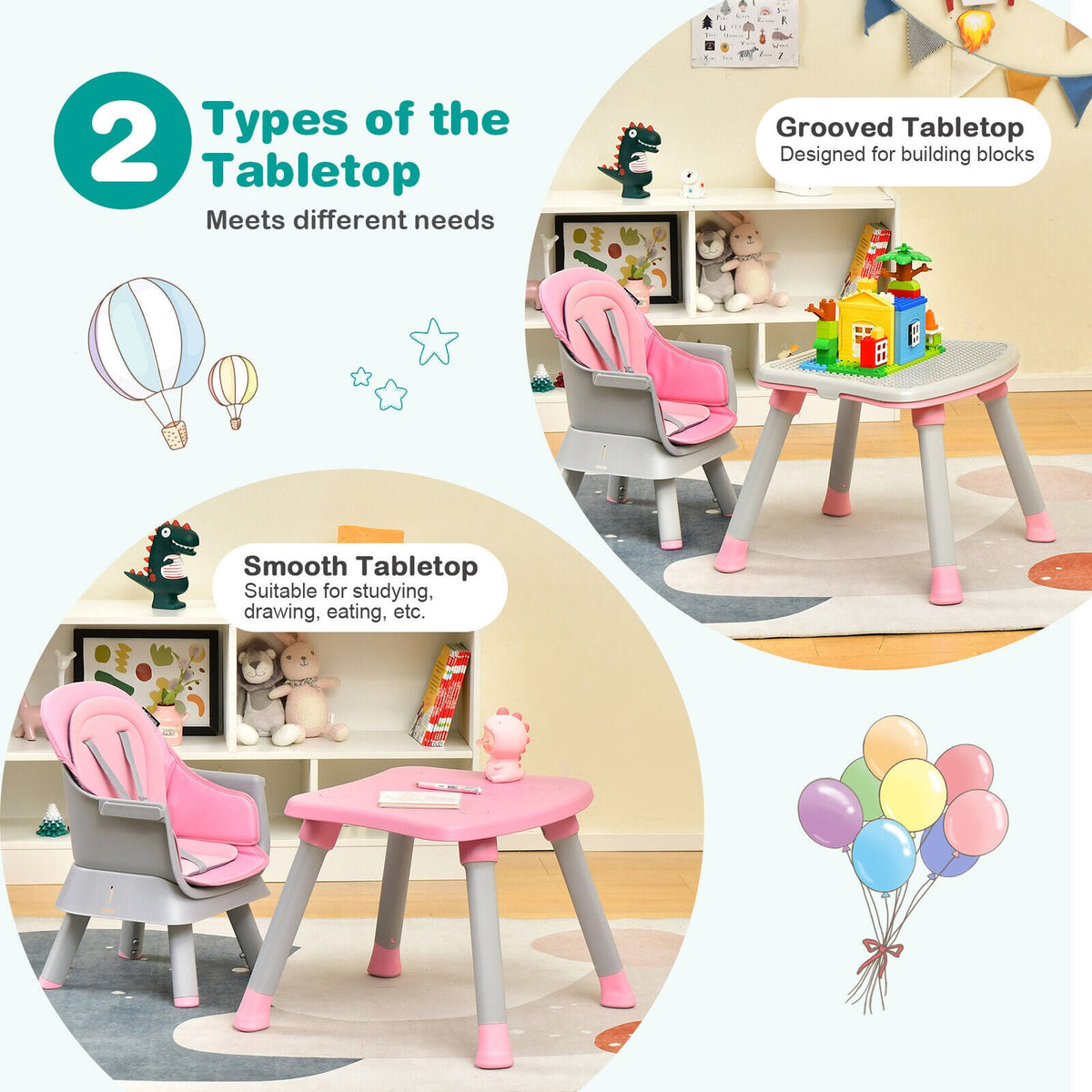 6-in-1 Convertible Baby High Chair with Adjustable Removable Tray-Pink-High Chairs-DECOROLALA