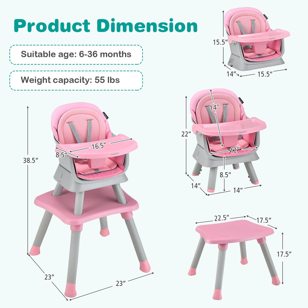 6-in-1 Convertible Baby High Chair with Adjustable Removable Tray-Pink-High Chairs-DECOROLALA