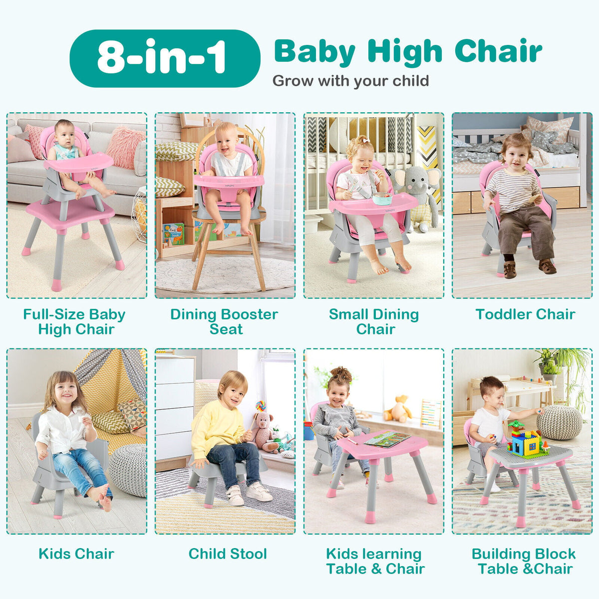 6-in-1 Convertible Baby High Chair with Adjustable Removable Tray-Pink-High Chairs-DECOROLALA