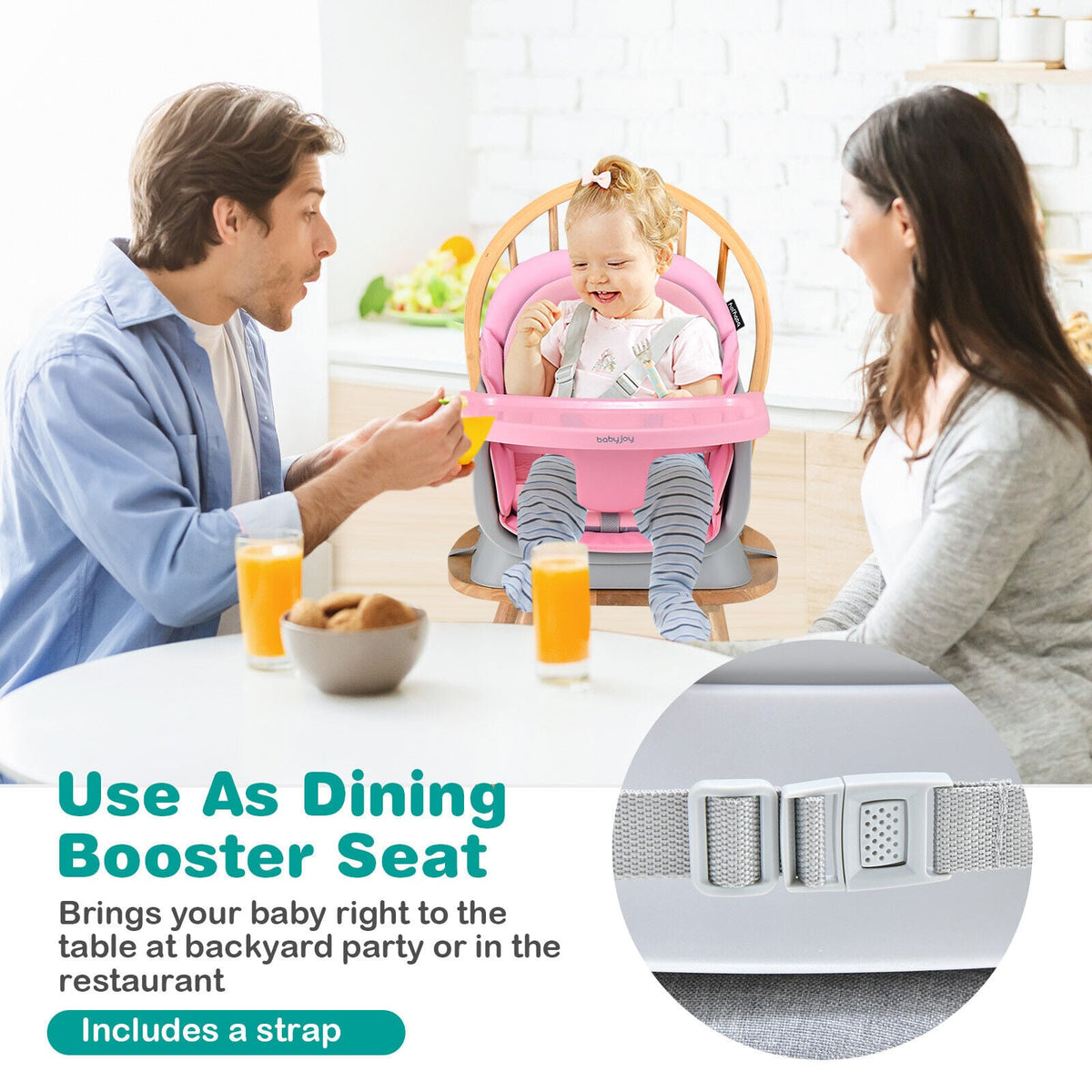 6-in-1 Convertible Baby High Chair with Adjustable Removable Tray-Pink-High Chairs-DECOROLALA