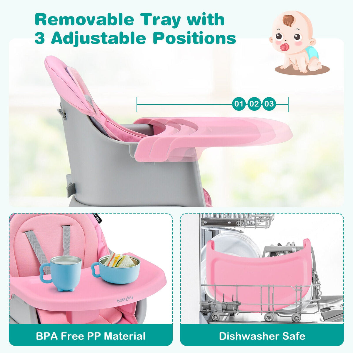 6-in-1 Convertible Baby High Chair with Adjustable Removable Tray-Pink-High Chairs-DECOROLALA