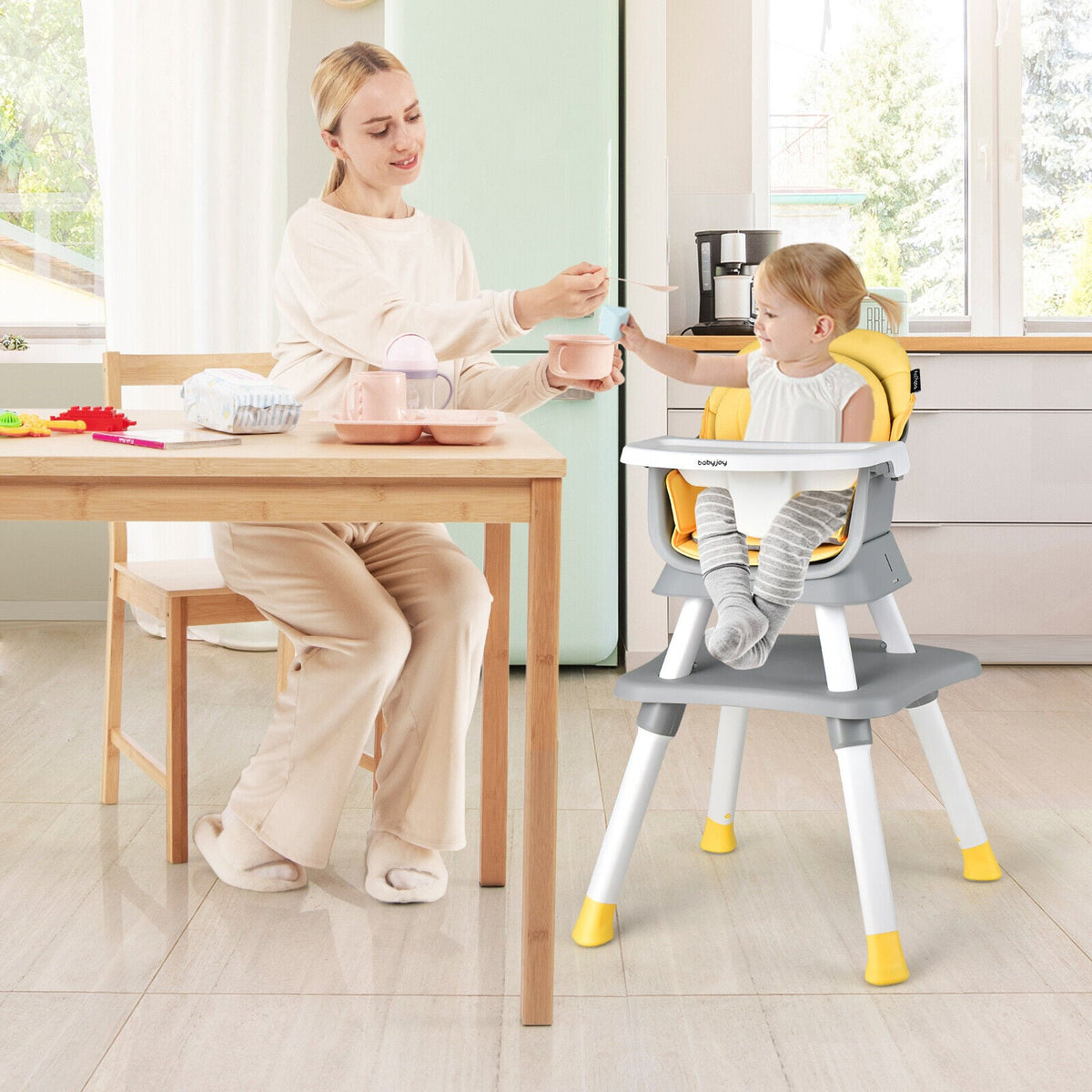 6-in-1 Convertible Baby High Chair with Adjustable Removable Tray-Yellow-High Chairs-DECOROLALA