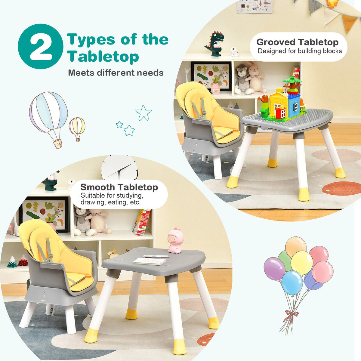 6-in-1 Convertible Baby High Chair with Adjustable Removable Tray-Yellow-High Chairs-DECOROLALA