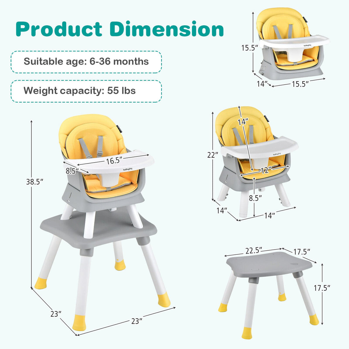 6-in-1 Convertible Baby High Chair with Adjustable Removable Tray-Yellow-High Chairs-DECOROLALA