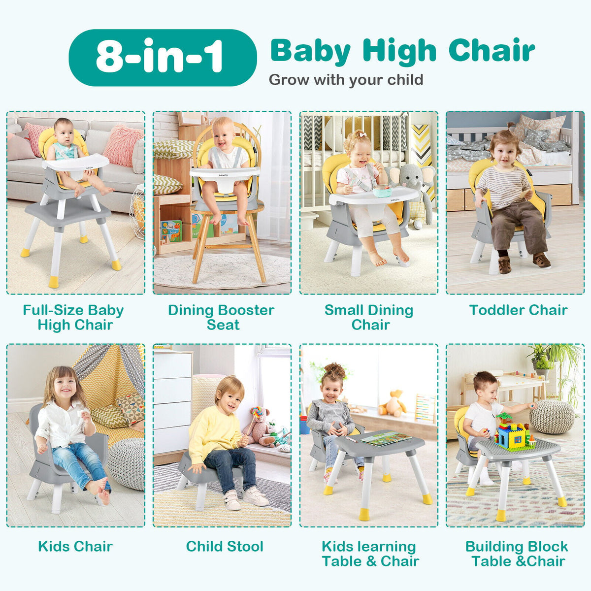 6-in-1 Convertible Baby High Chair with Adjustable Removable Tray-Yellow-High Chairs-DECOROLALA