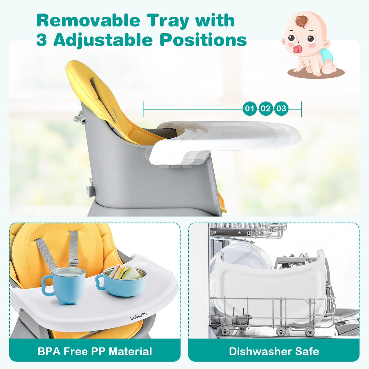 6-in-1 Convertible Baby High Chair with Adjustable Removable Tray-Yellow-High Chairs-DECOROLALA