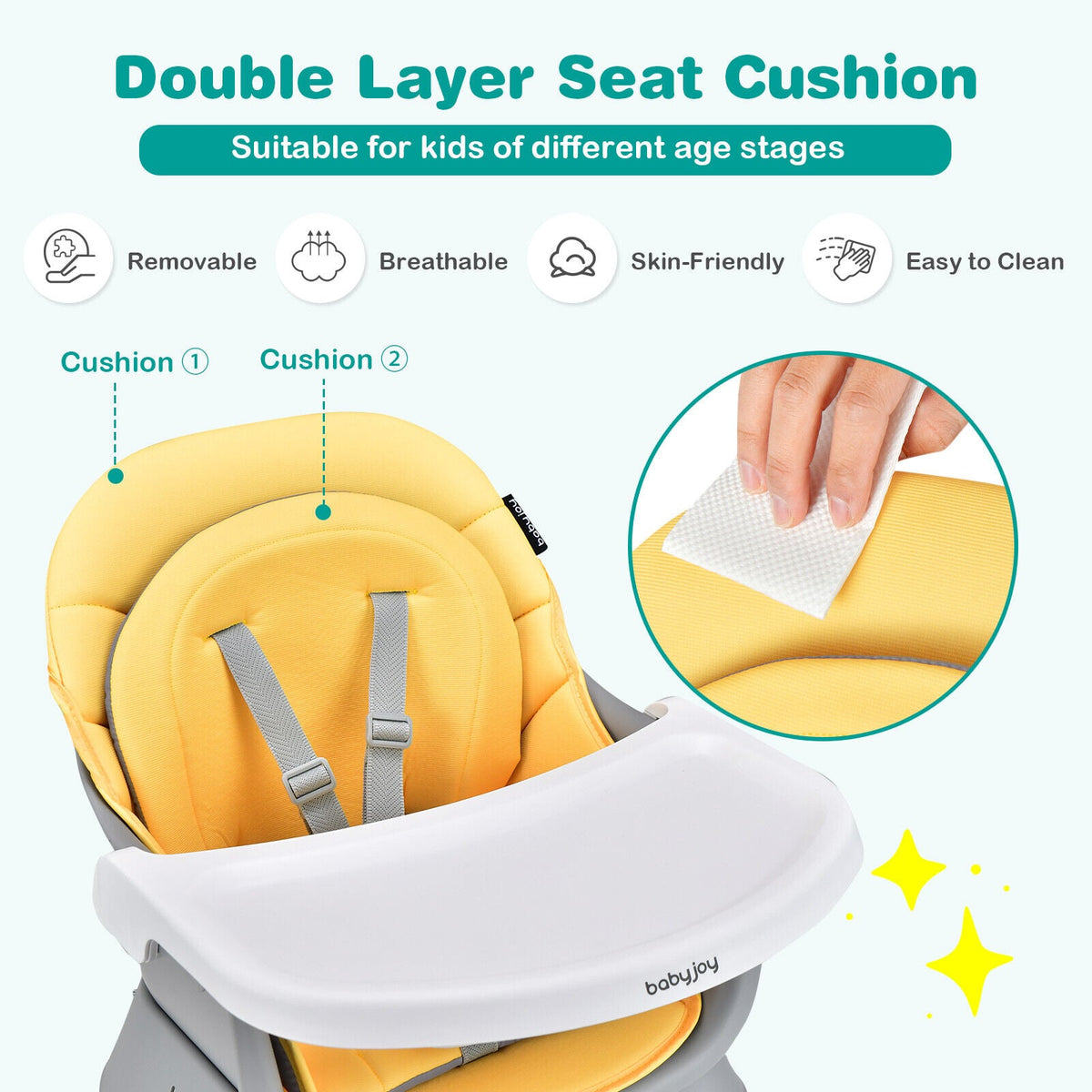 6-in-1 Convertible Baby High Chair with Adjustable Removable Tray-Yellow-High Chairs-DECOROLALA