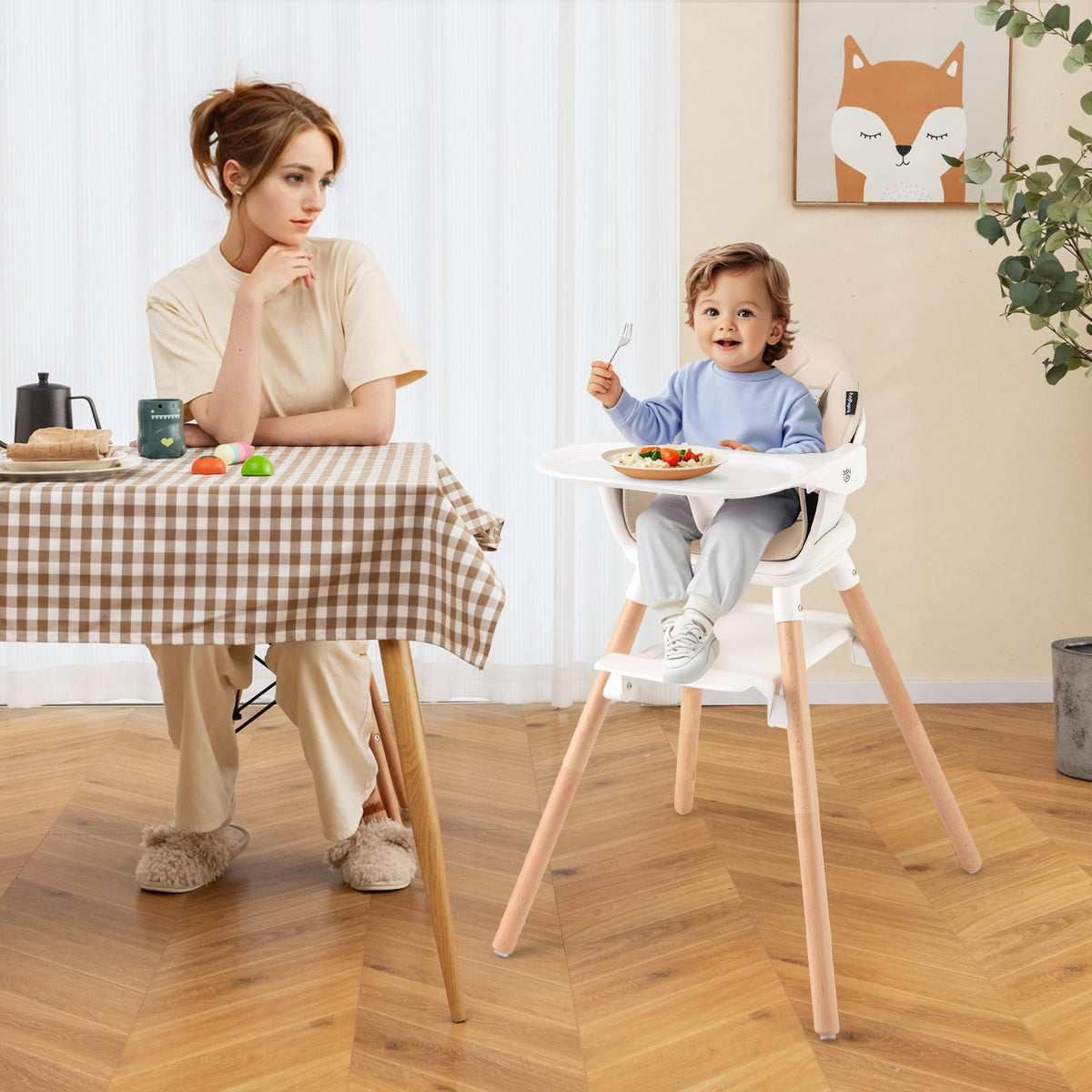 6 in 1 Convertible Highchair with Safety Harness and Removable Tray-Beige-High Chairs-DECOROLALA