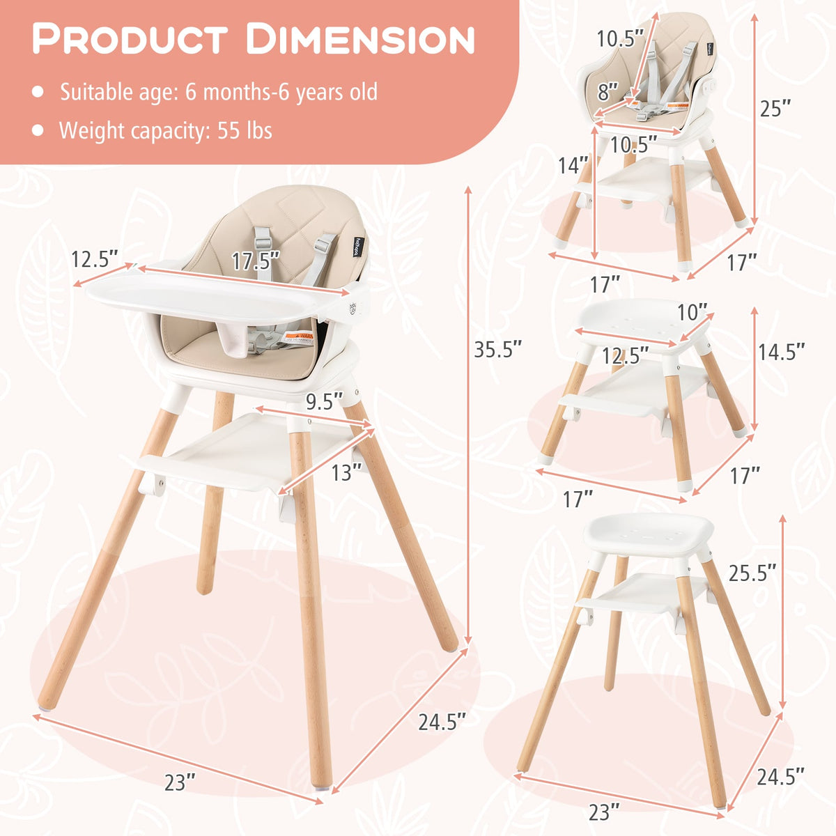 6 in 1 Convertible Highchair with Safety Harness and Removable Tray-Beige-High Chairs-DECOROLALA
