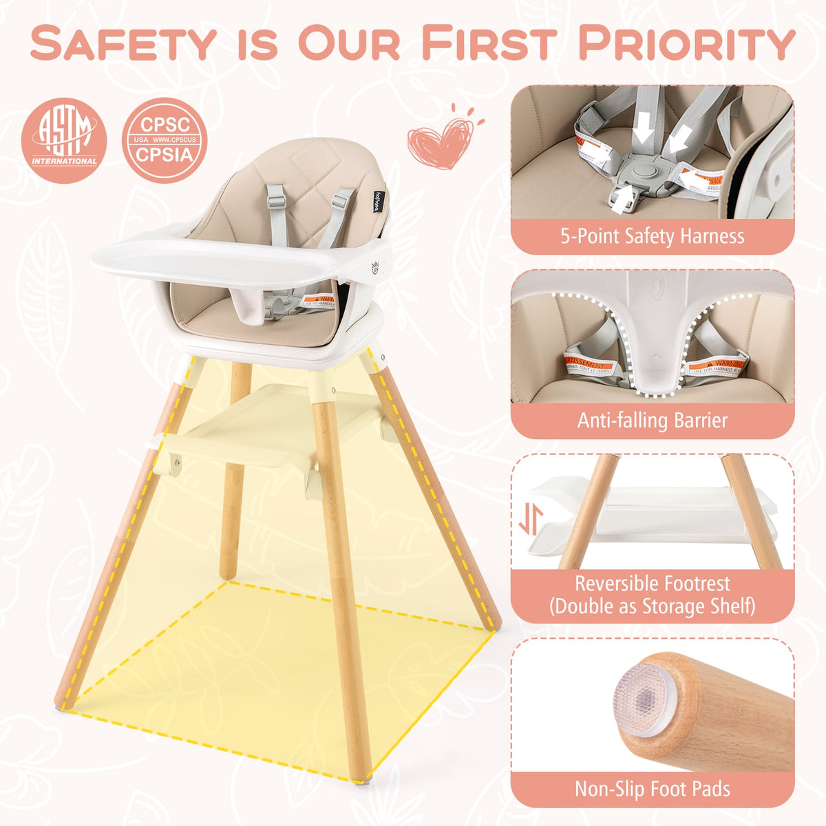 6 in 1 Convertible Highchair with Safety Harness and Removable Tray-Beige-High Chairs-DECOROLALA