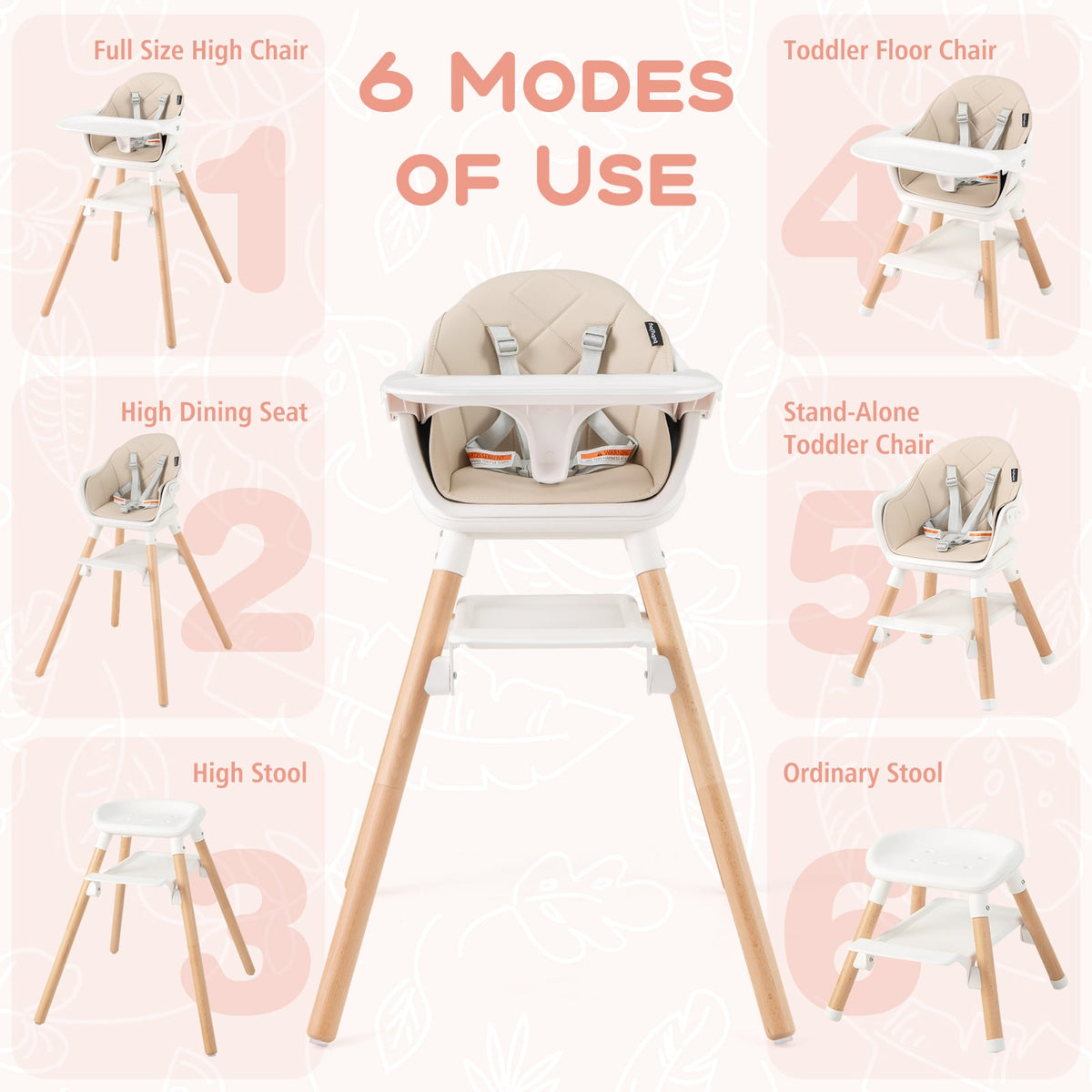 6 in 1 Convertible Highchair with Safety Harness and Removable Tray-Beige-High Chairs-DECOROLALA