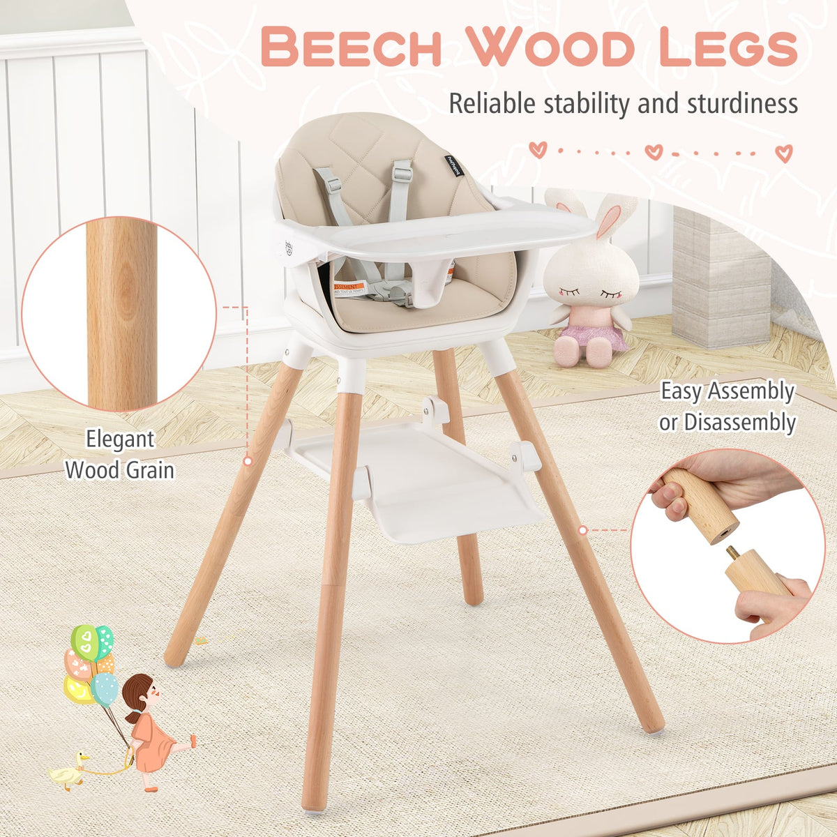 6 in 1 Convertible Highchair with Safety Harness and Removable Tray-Beige-High Chairs-DECOROLALA