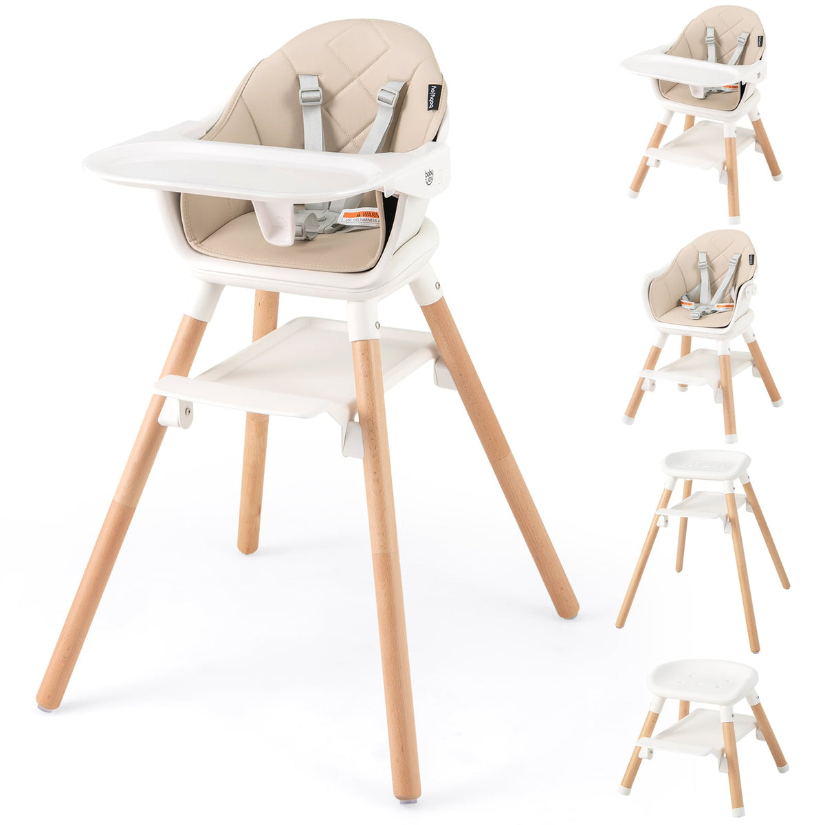 6 in 1 Convertible Highchair with Safety Harness and Removable Tray-Beige-High Chairs-DECOROLALA
