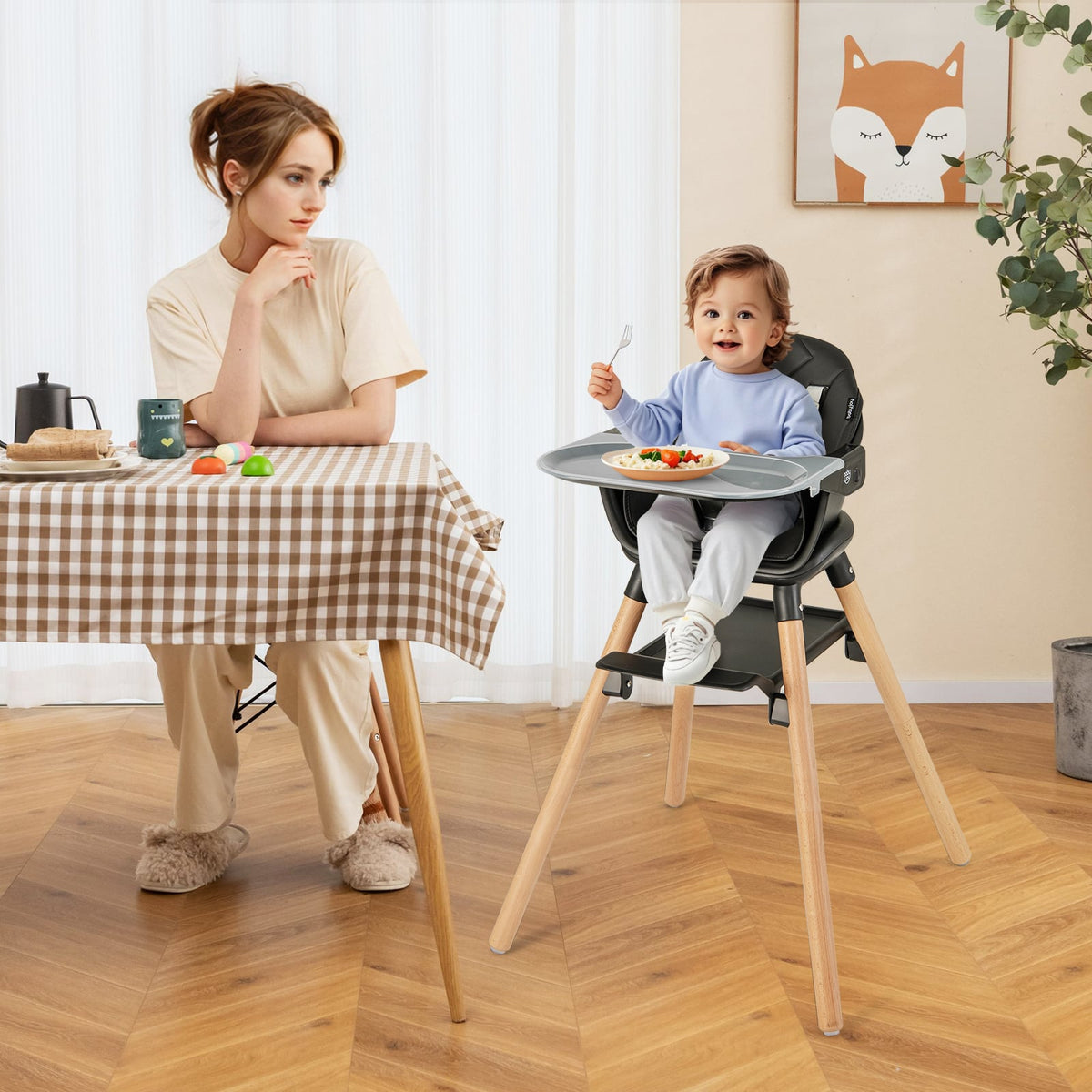 6 in 1 Convertible Highchair with Safety Harness and Removable Tray-Black-High Chairs-DECOROLALA