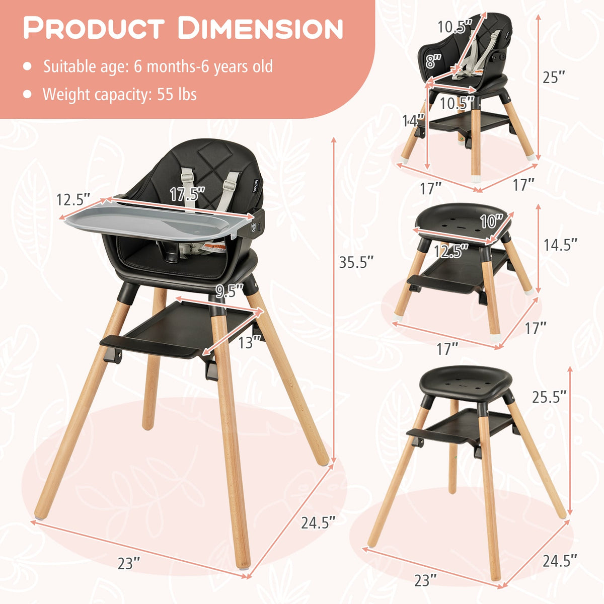 6 in 1 Convertible Highchair with Safety Harness and Removable Tray-Black-High Chairs-DECOROLALA