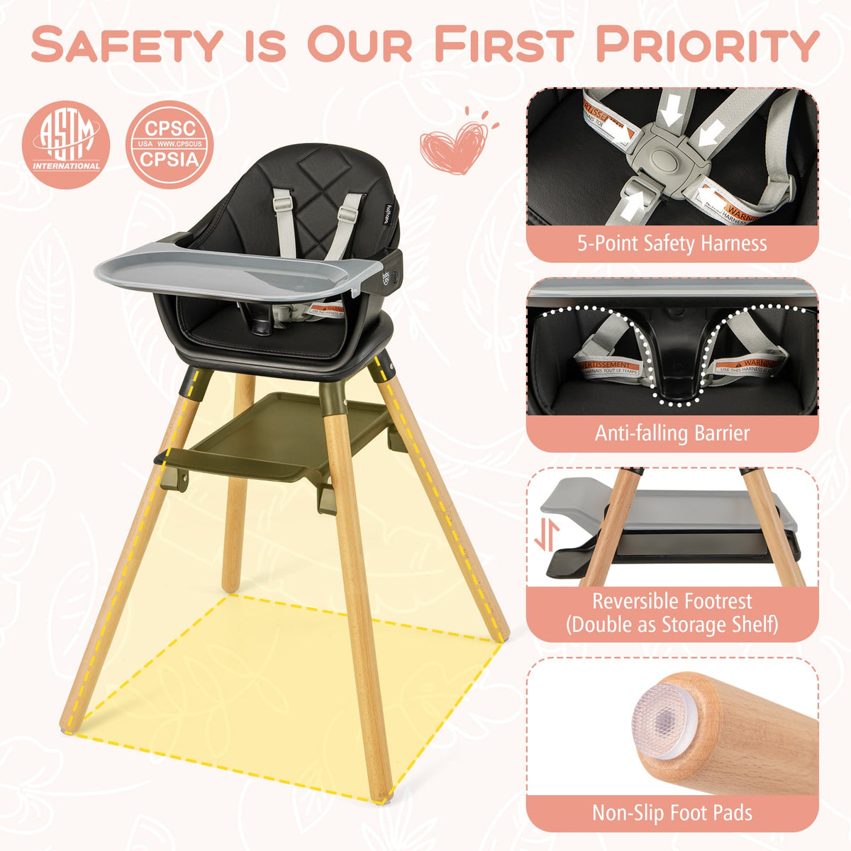 6 in 1 Convertible Highchair with Safety Harness and Removable Tray-Black-High Chairs-DECOROLALA