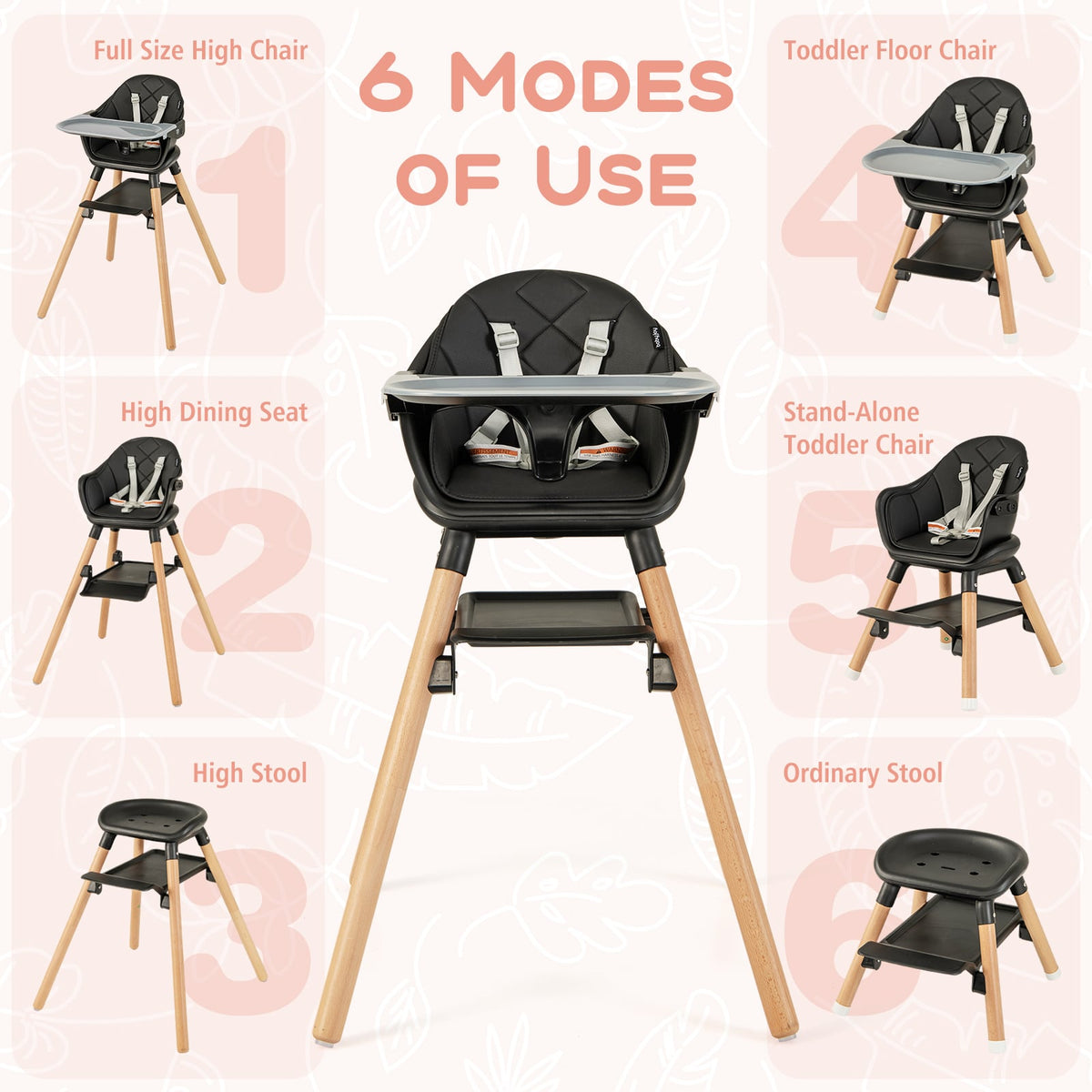 6 in 1 Convertible Highchair with Safety Harness and Removable Tray-Black-High Chairs-DECOROLALA