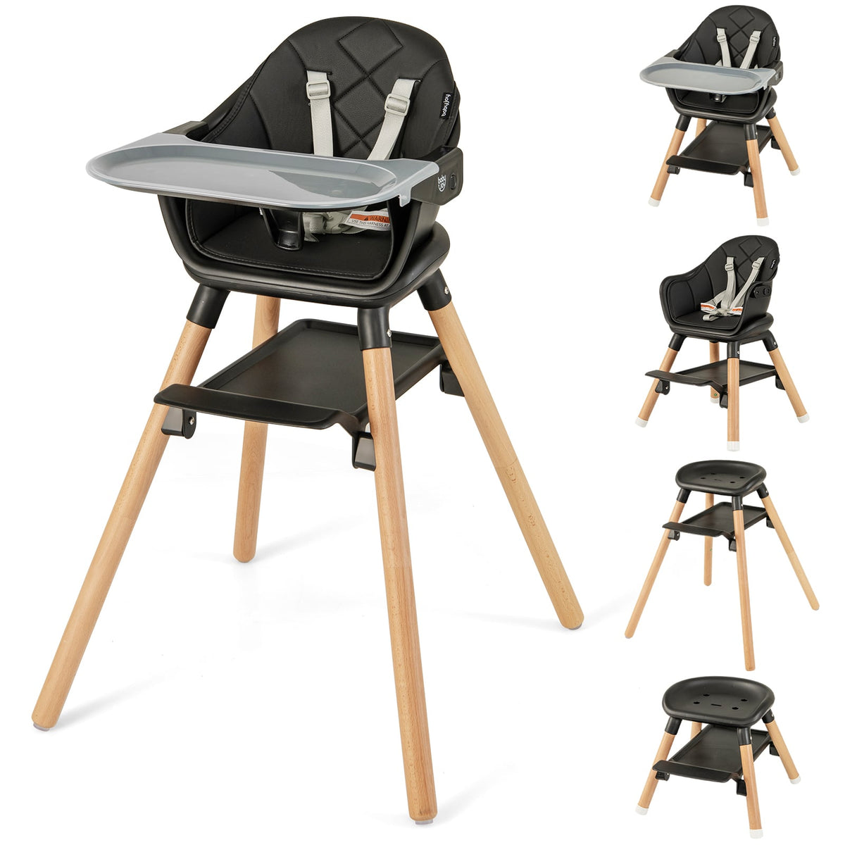 6 in 1 Convertible Highchair with Safety Harness and Removable Tray-Black-High Chairs-DECOROLALA