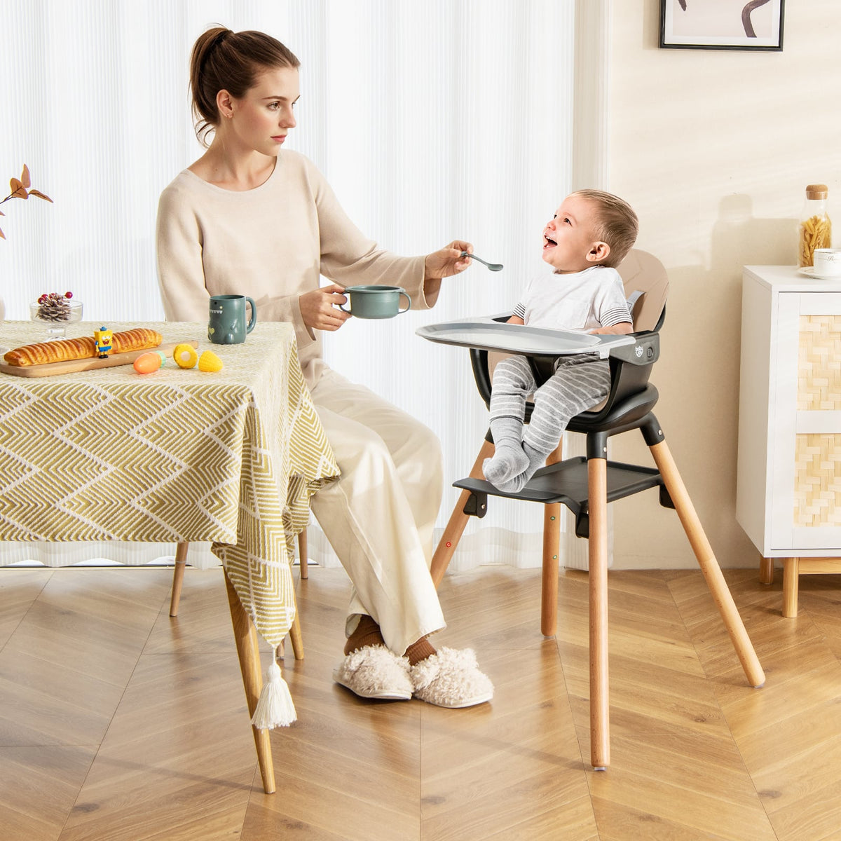 6 in 1 Convertible Highchair with Safety Harness and Removable Tray-Coffee-High Chairs-DECOROLALA
