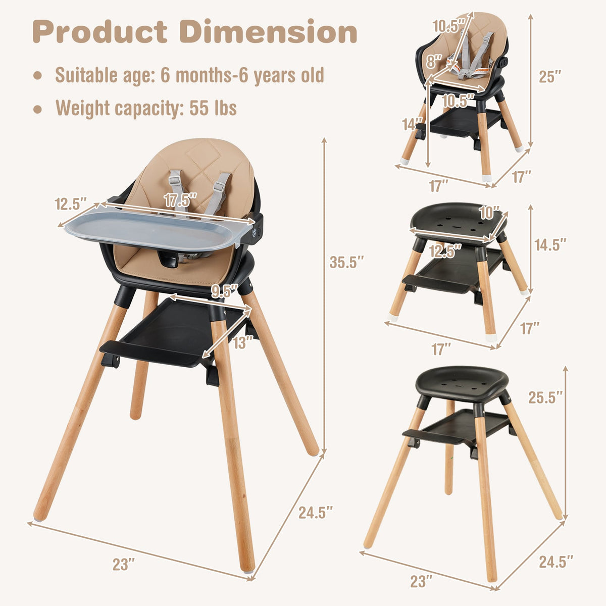 6 in 1 Convertible Highchair with Safety Harness and Removable Tray-Coffee-High Chairs-DECOROLALA
