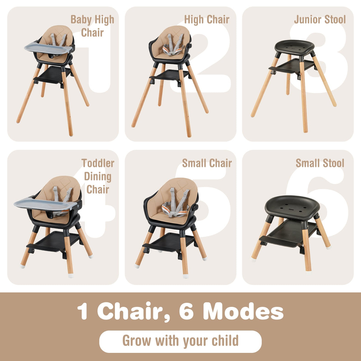 6 in 1 Convertible Highchair with Safety Harness and Removable Tray-Coffee-High Chairs-DECOROLALA