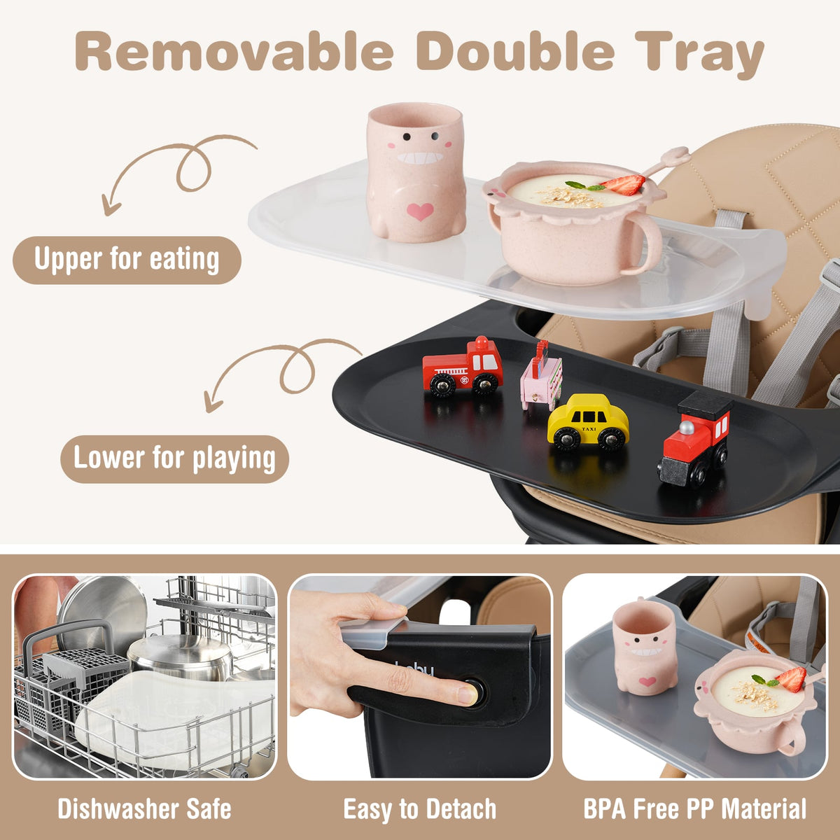 6 in 1 Convertible Highchair with Safety Harness and Removable Tray-Coffee-High Chairs-DECOROLALA