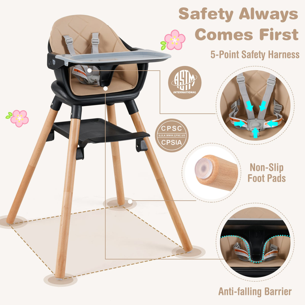 6 in 1 Convertible Highchair with Safety Harness and Removable Tray-Coffee-High Chairs-DECOROLALA