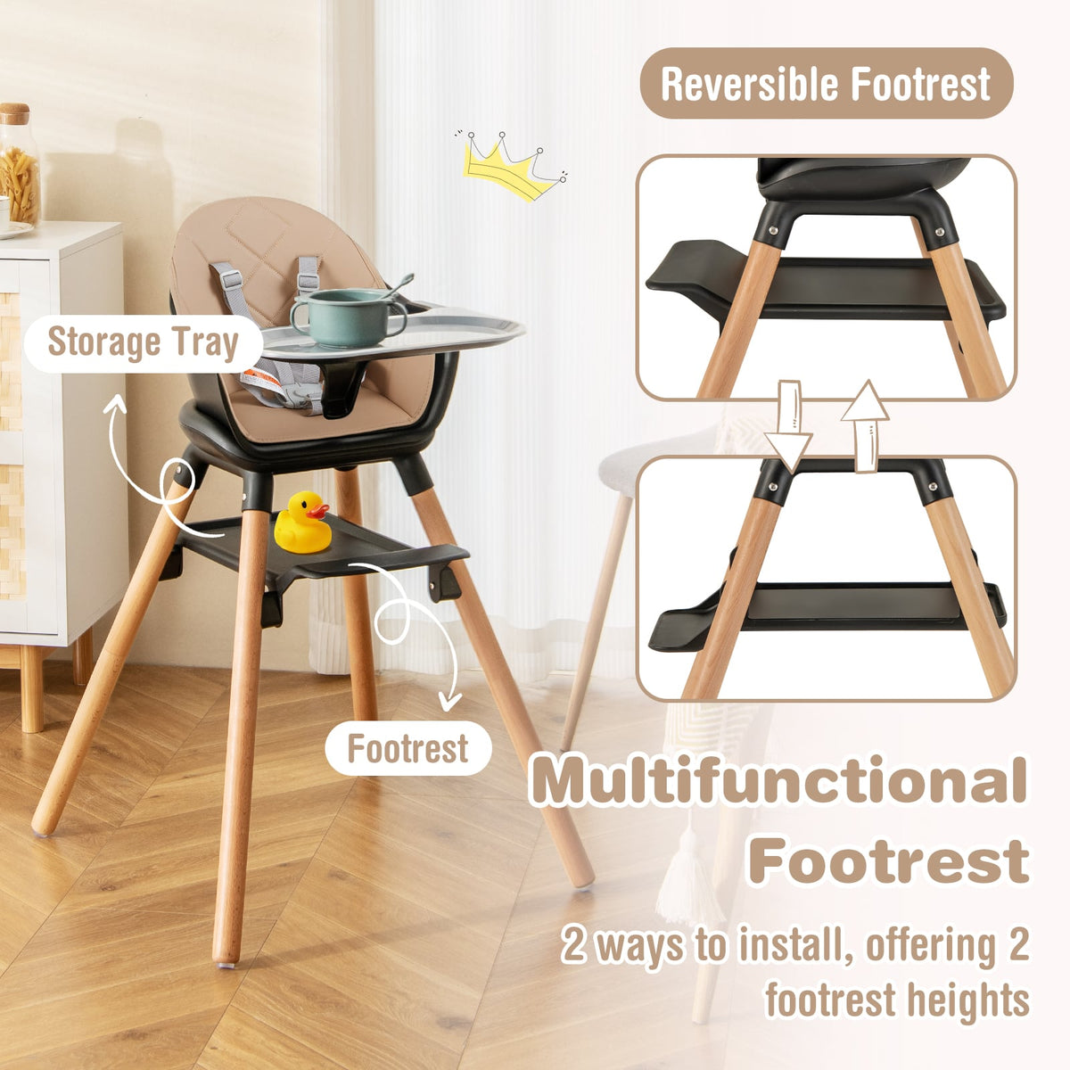 6 in 1 Convertible Highchair with Safety Harness and Removable Tray-Coffee-High Chairs-DECOROLALA