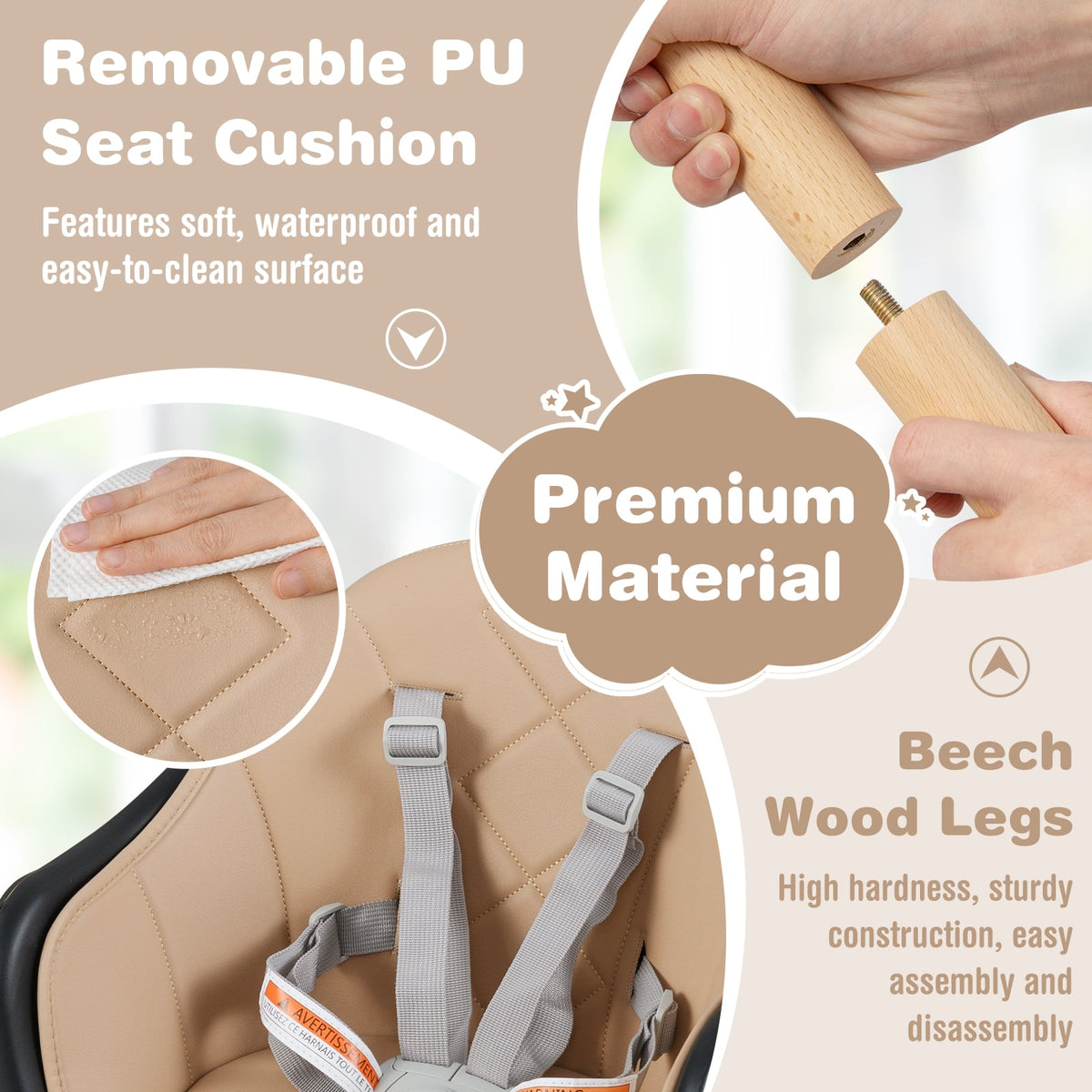 6 in 1 Convertible Highchair with Safety Harness and Removable Tray-Coffee-High Chairs-DECOROLALA