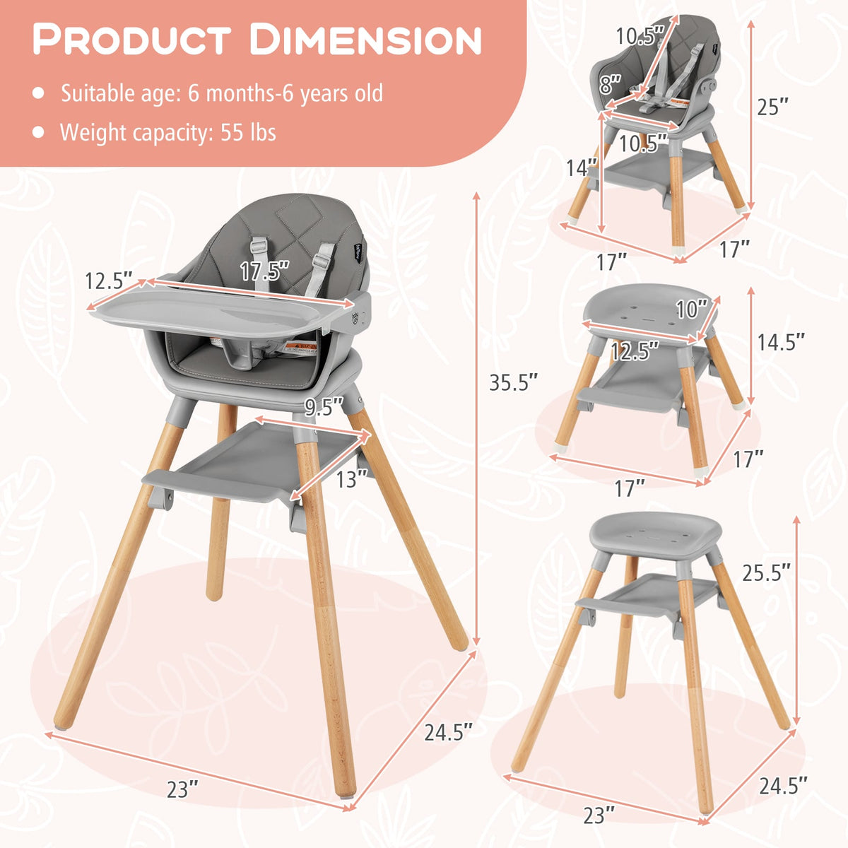 6 in 1 Convertible Highchair with Safety Harness and Removable Tray-Gray-High Chairs-DECOROLALA