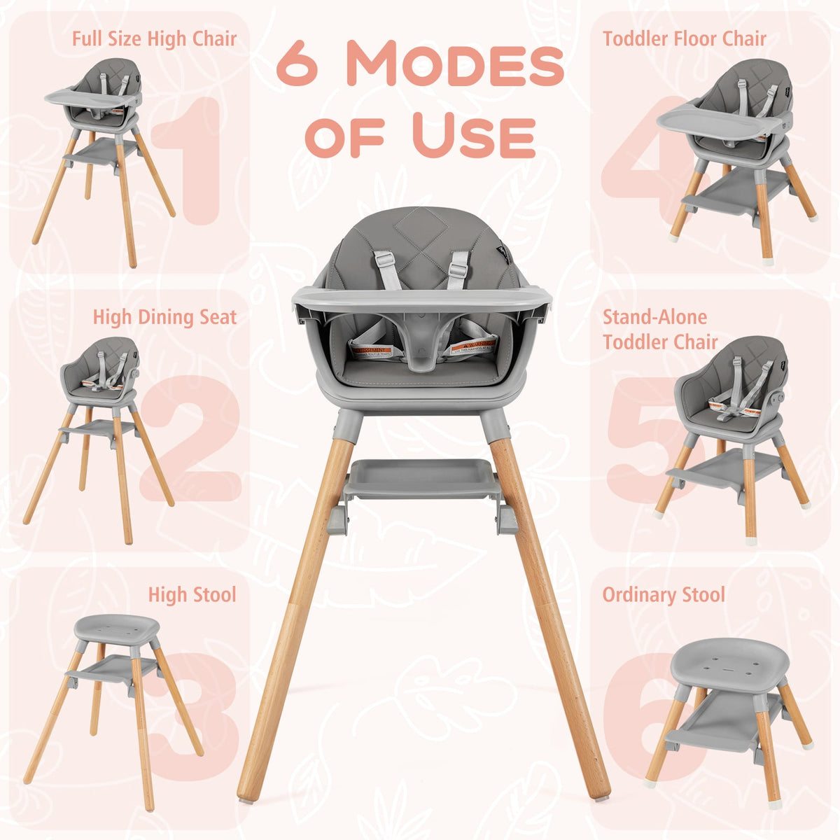 6 in 1 Convertible Highchair with Safety Harness and Removable Tray-Gray-High Chairs-DECOROLALA