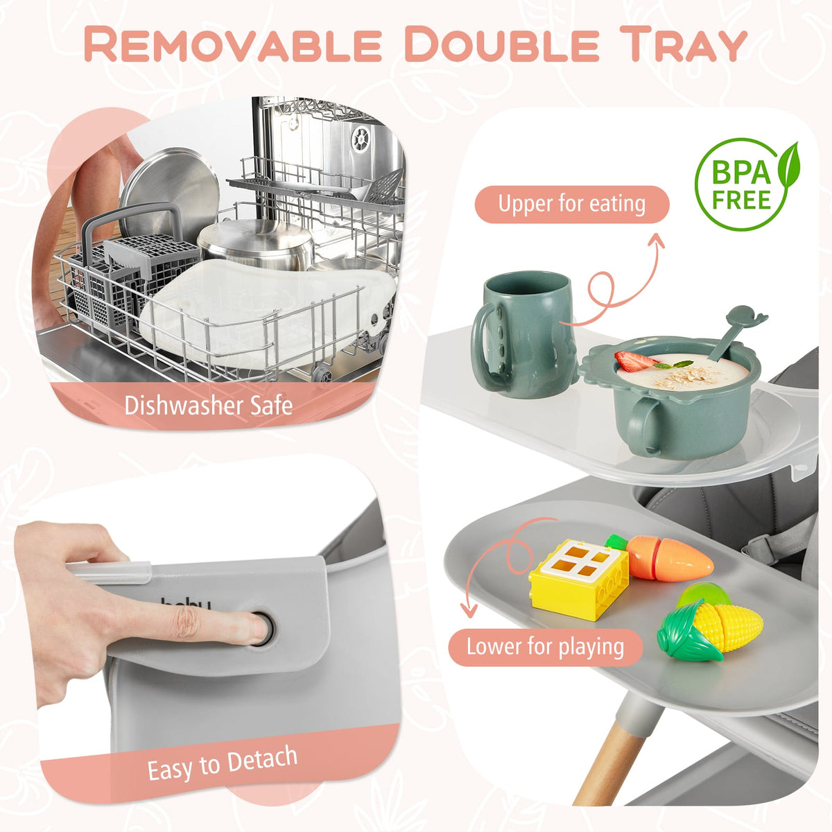 6 in 1 Convertible Highchair with Safety Harness and Removable Tray-Gray-High Chairs-DECOROLALA
