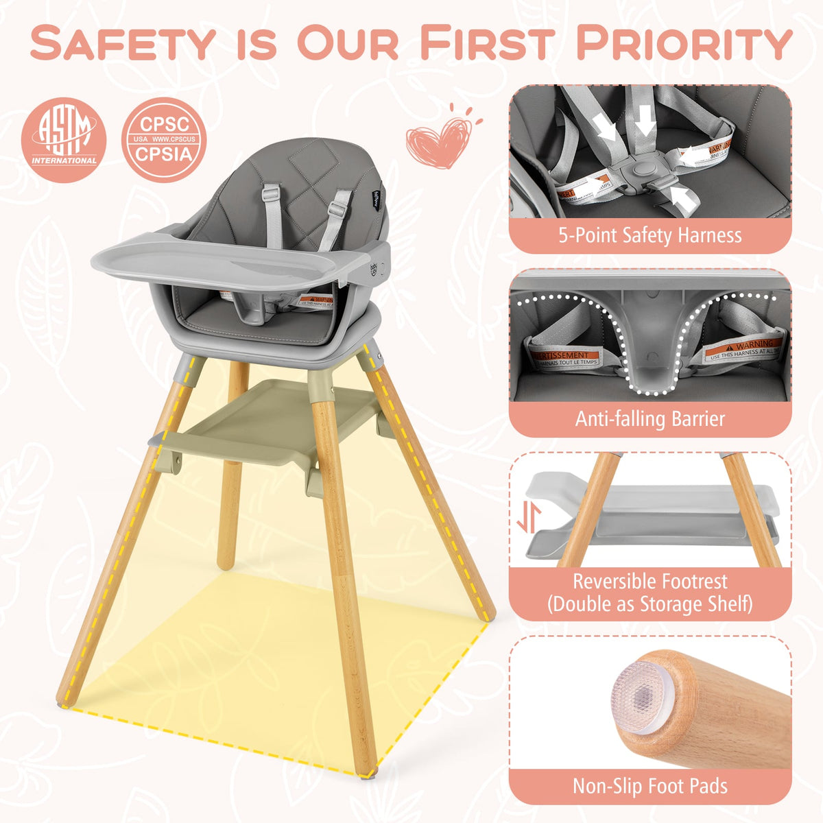 6 in 1 Convertible Highchair with Safety Harness and Removable Tray-Gray-High Chairs-DECOROLALA