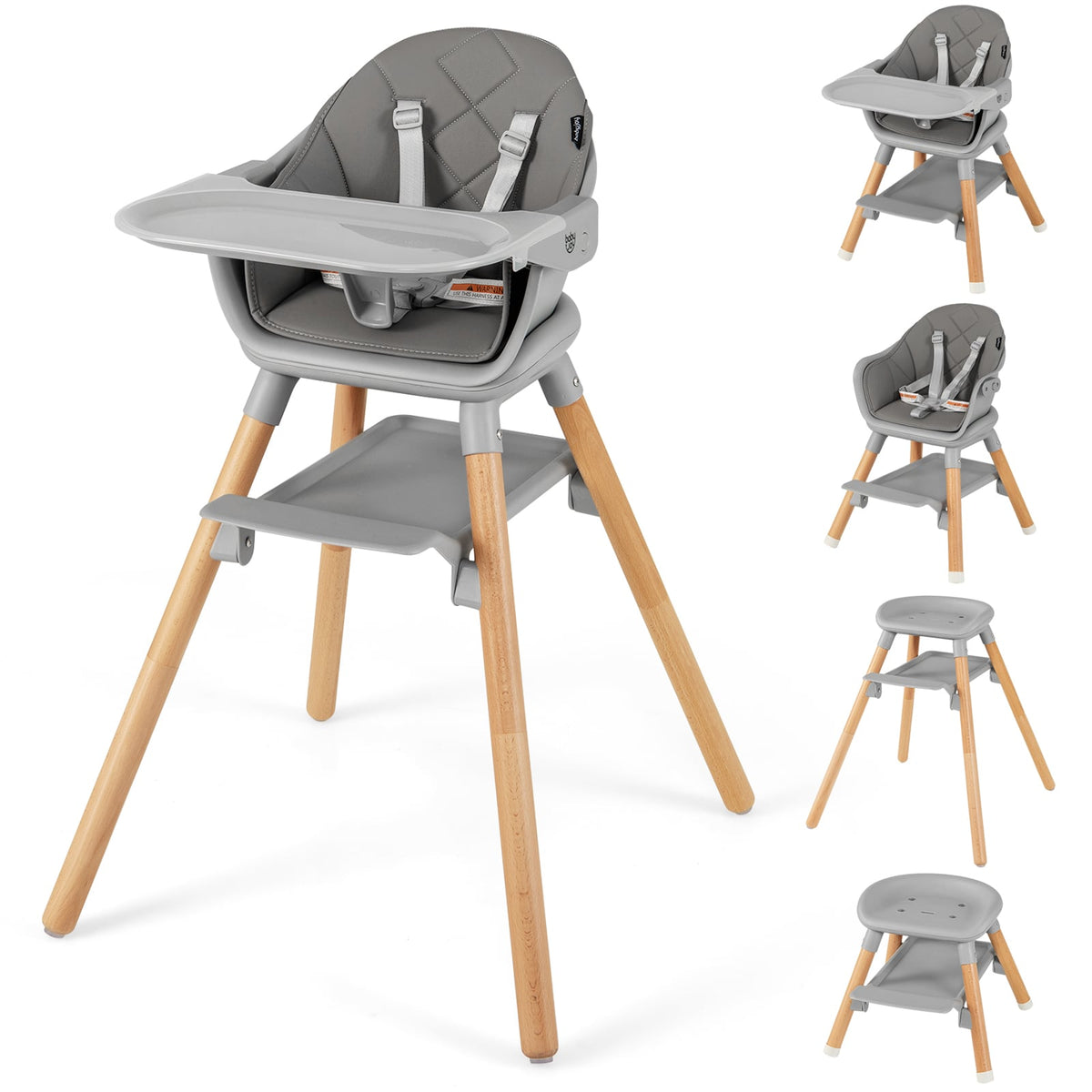 6 in 1 Convertible Highchair with Safety Harness and Removable Tray-Gray-High Chairs-DECOROLALA
